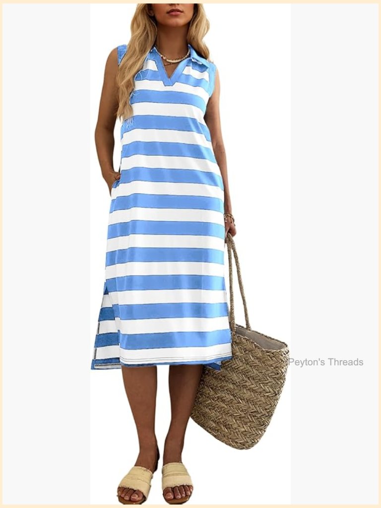 Striped V-Neck Sleeveless Midi Dress With Pockets Loose Fit